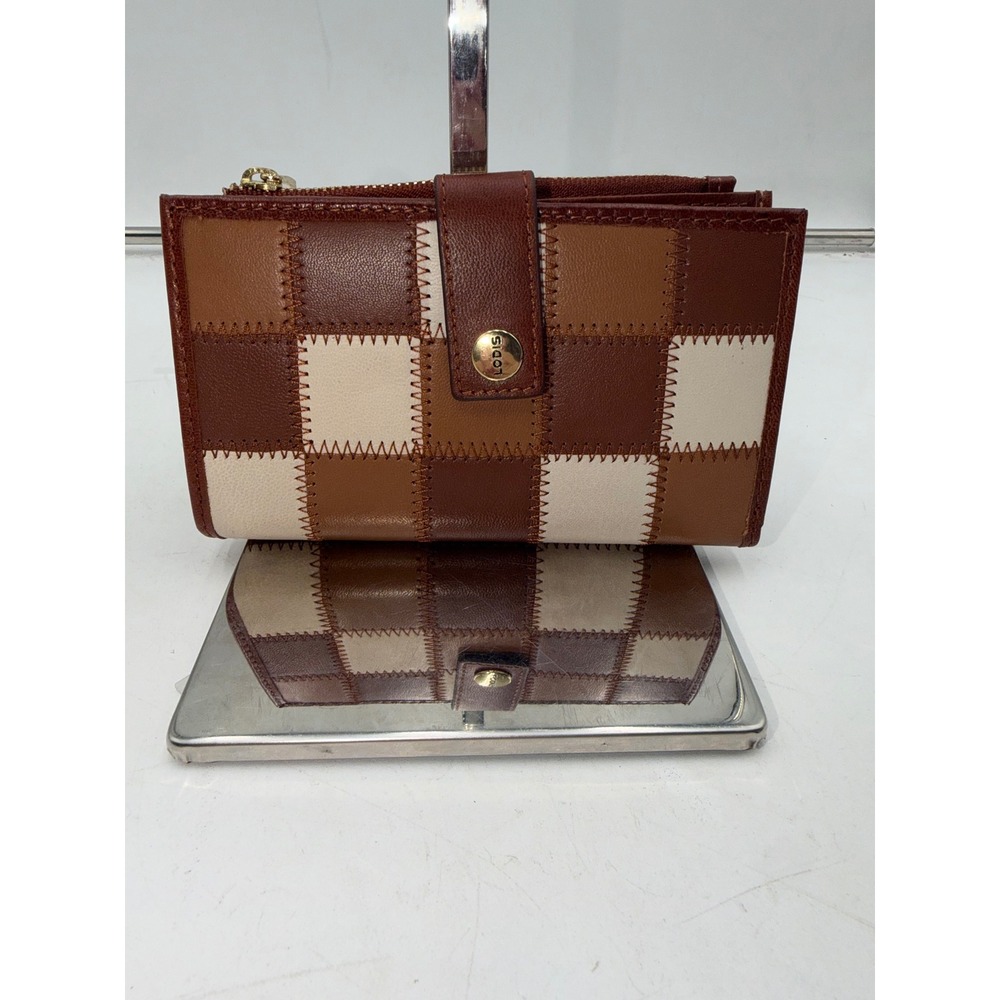 Lodis Brown Patchwork Leather Bifold Wallet Snap Closure ID Window Zipper Pocket